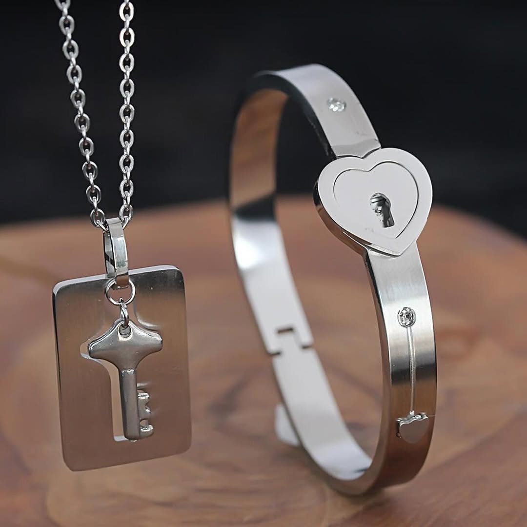 Set De Collar Y Pulsera Love Lock Key Para Pareja